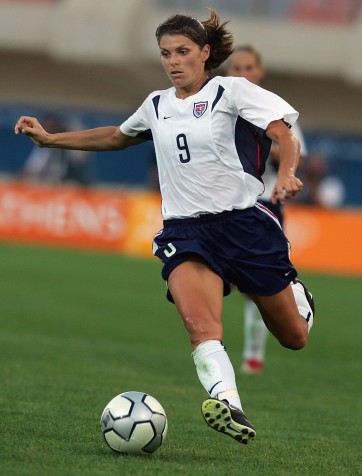 Mia Hamm takes a shot in game versus Germany